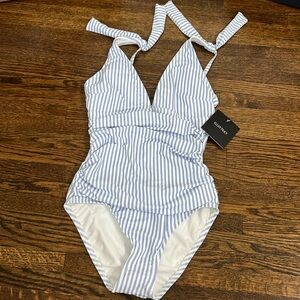 Blue and white striped Ellen Tracy one piece swim NWT never worn